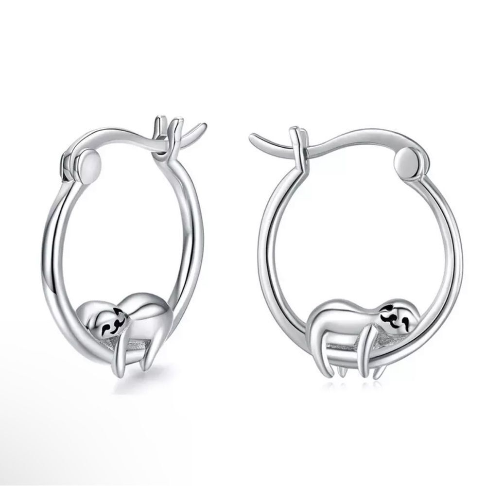 Cute Sloth Ladybug Silver Hoop Earrings